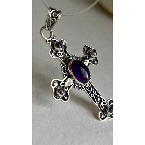 Oval Amethyst Cut Gemstone Cross 925 Sterling Silver - Picture 3 of 16